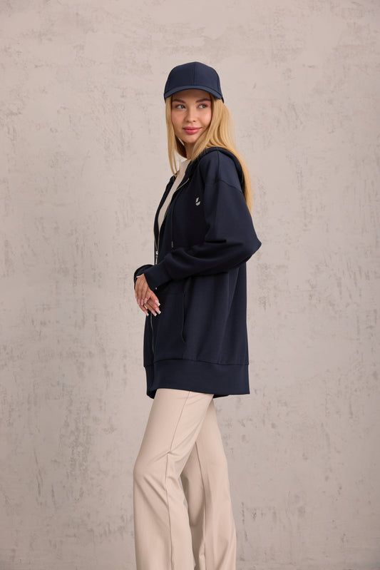Lacivert Oversize Kapüşonlu Hırka