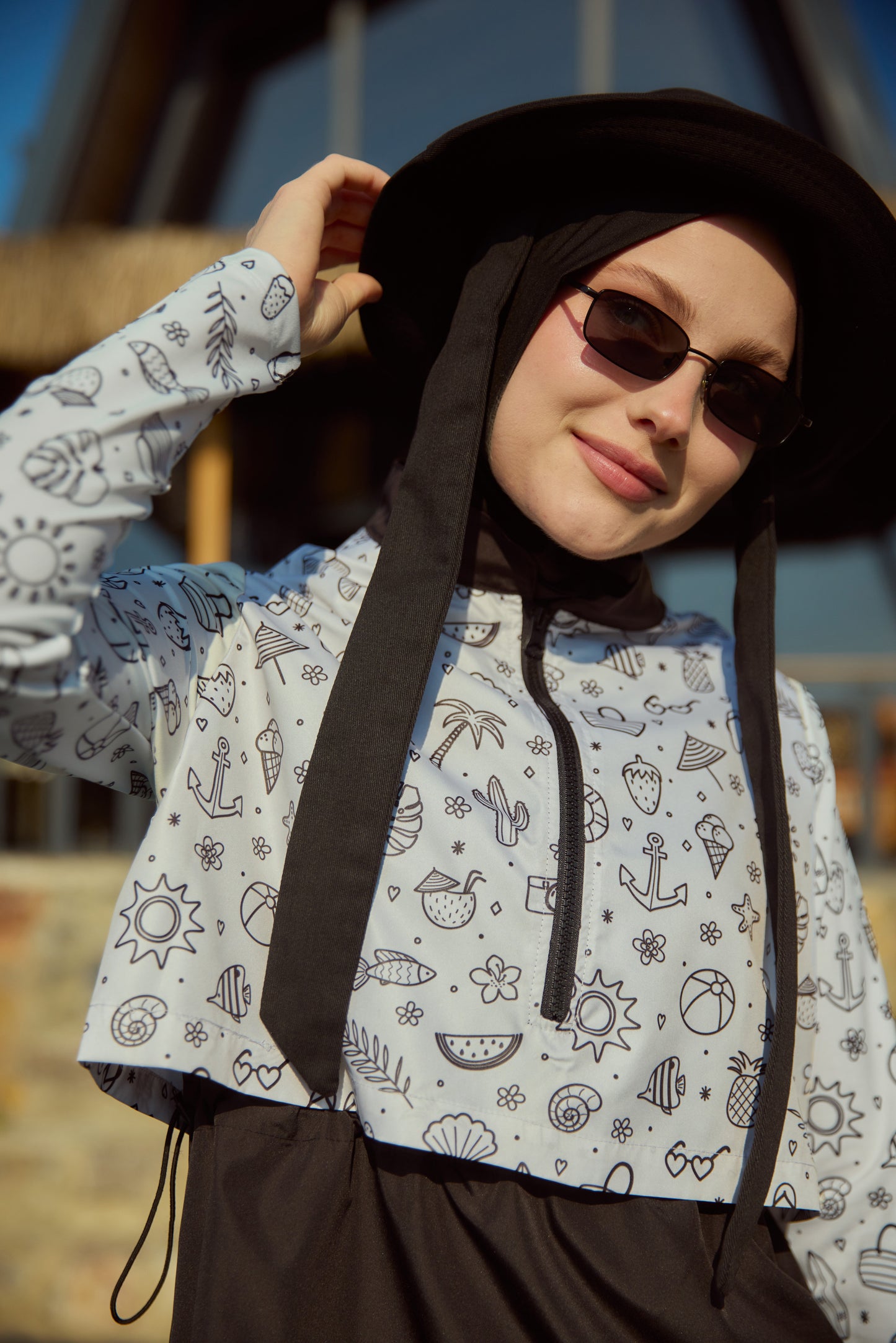 3'lü Tesettür Mayo Takımı Kısa Mini Plaj Desen