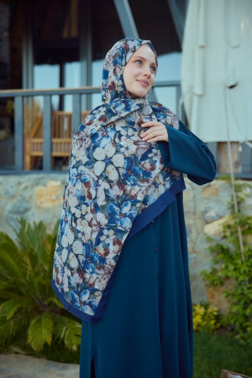 Desenli Şal Lacivert Çiçekli