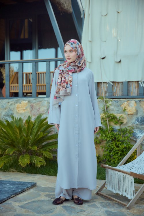 Düğmeli Uzun Takım Gri
