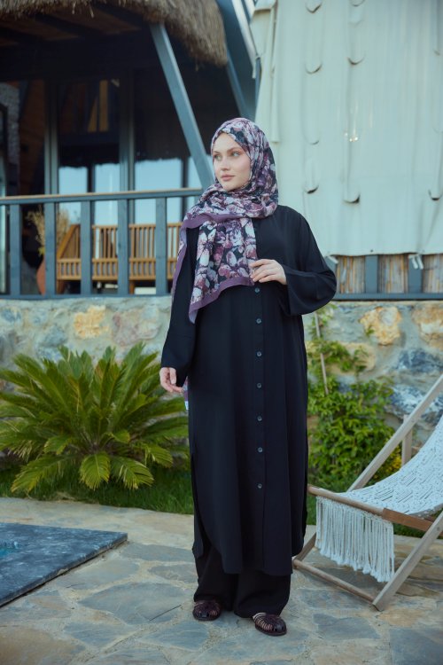 Düğmeli Uzun Takım Siyah