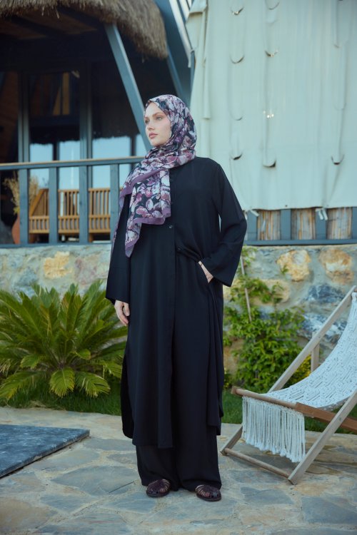 Düğmeli Uzun Takım Siyah
