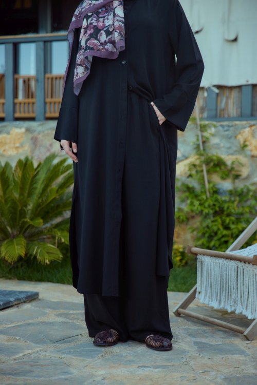 Düğmeli Uzun Takım Siyah