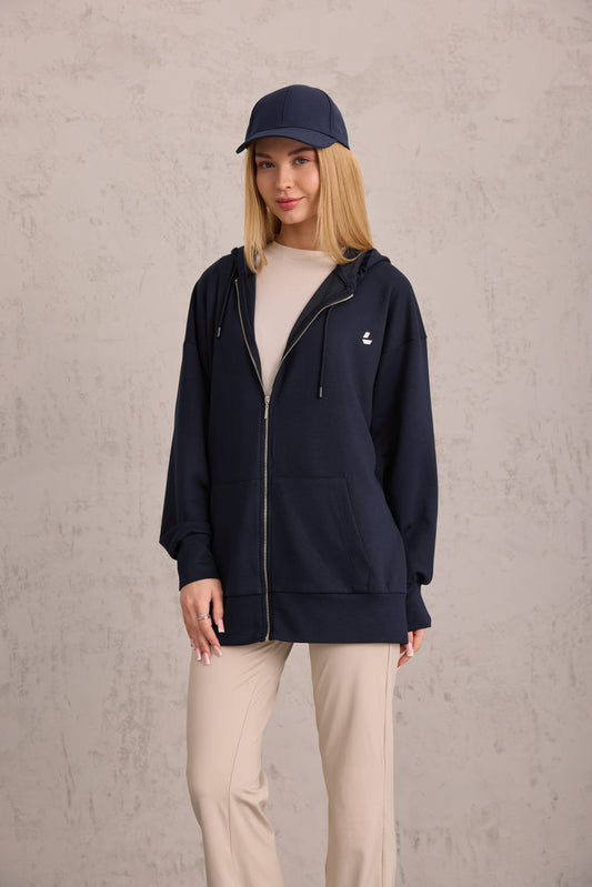 Lacivert Oversize Kapüşonlu Hırka