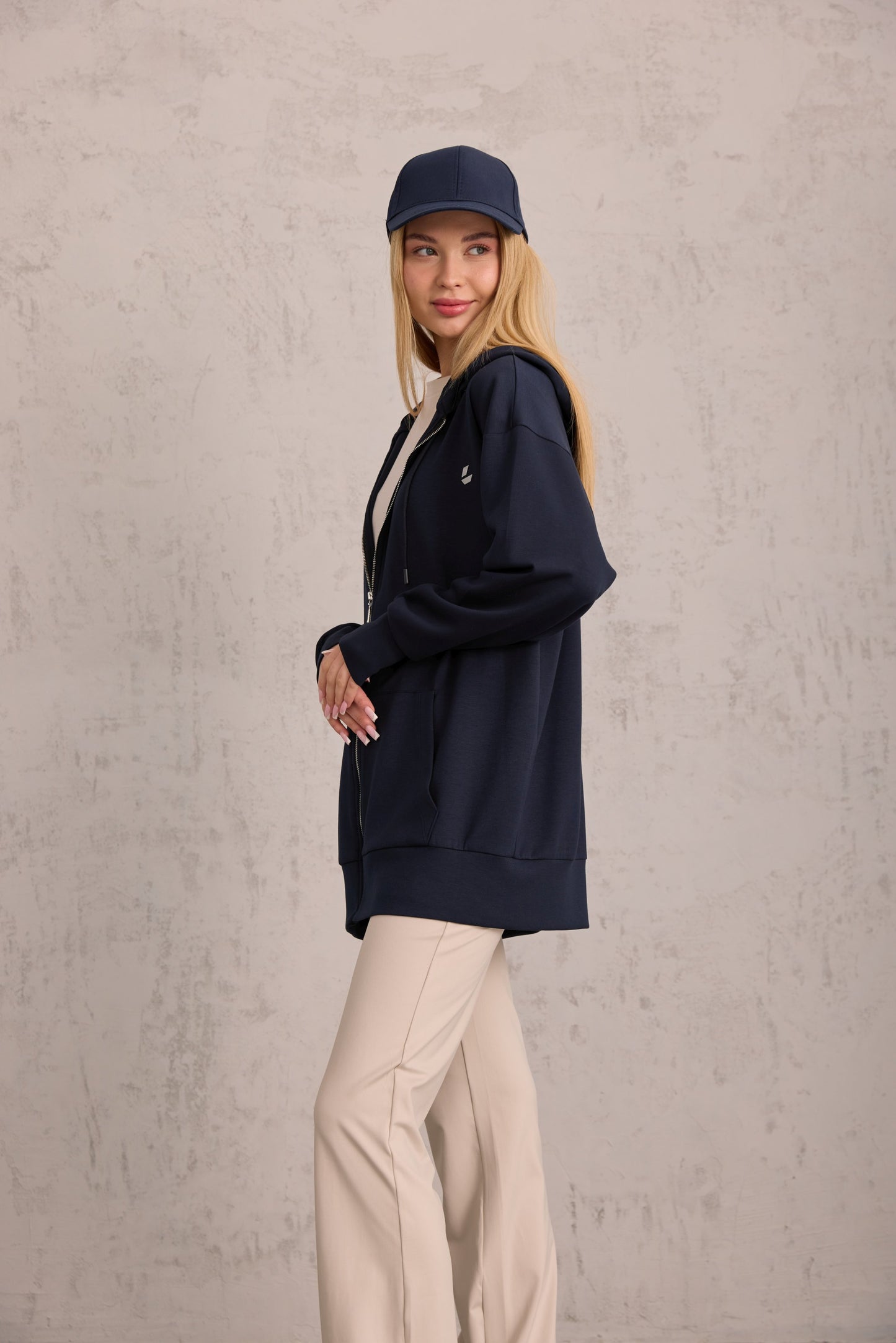 Lacivert Oversize Kapüşonlu Hırka
