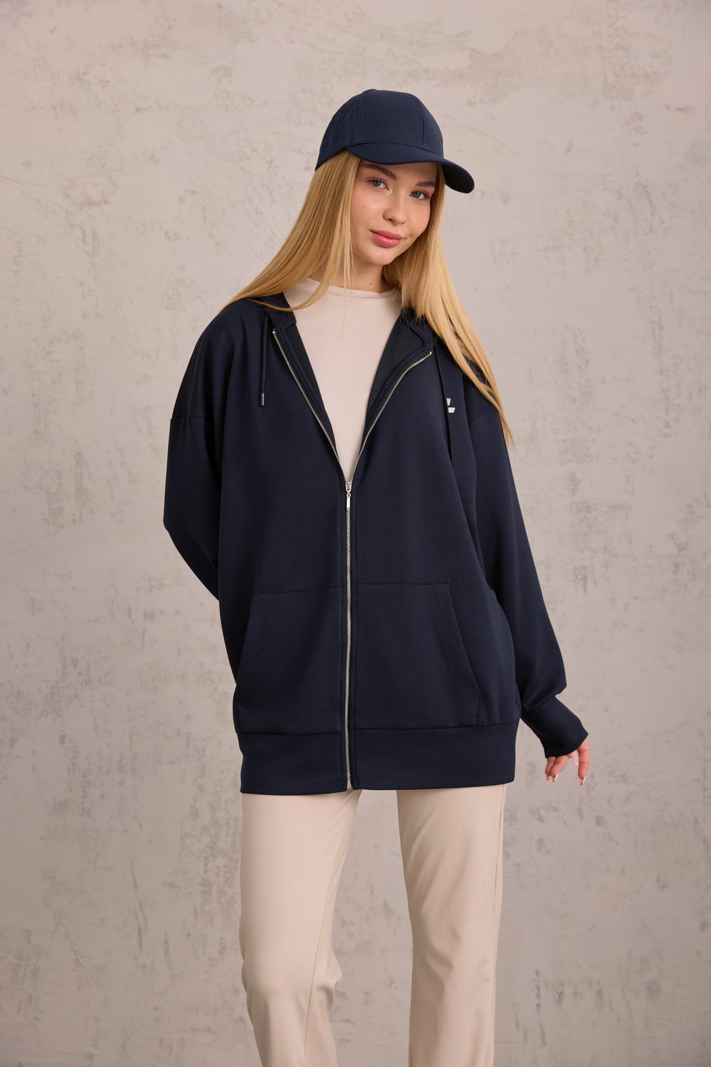 Lacivert Oversize Kapüşonlu Hırka
