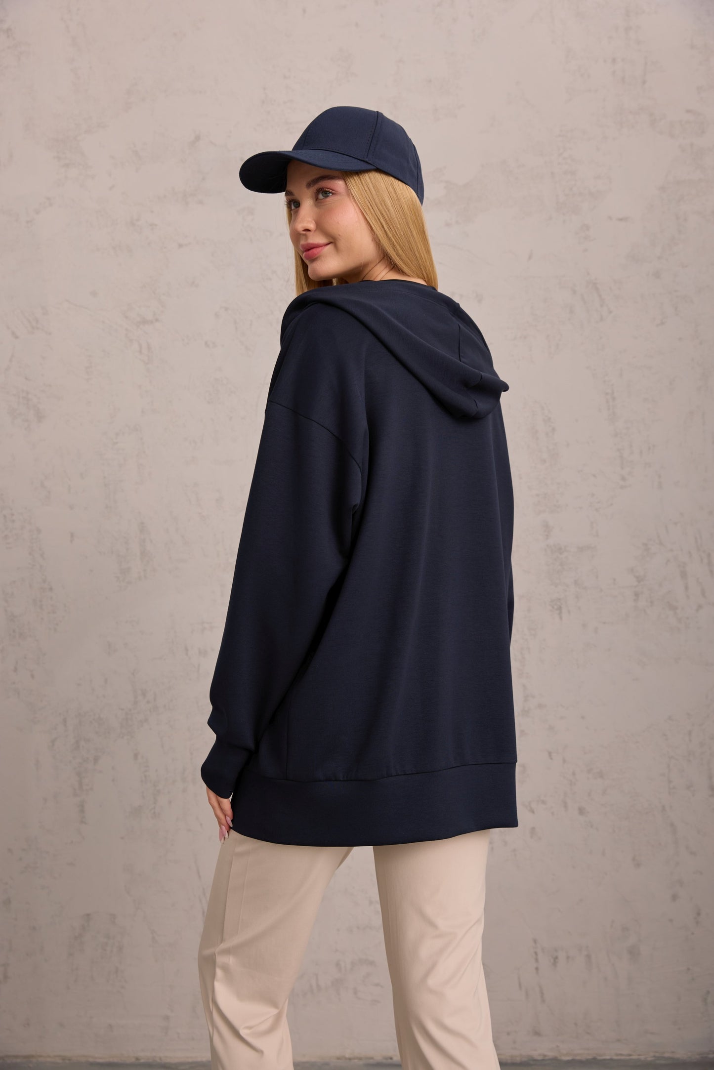 Lacivert Oversize Kapüşonlu Hırka