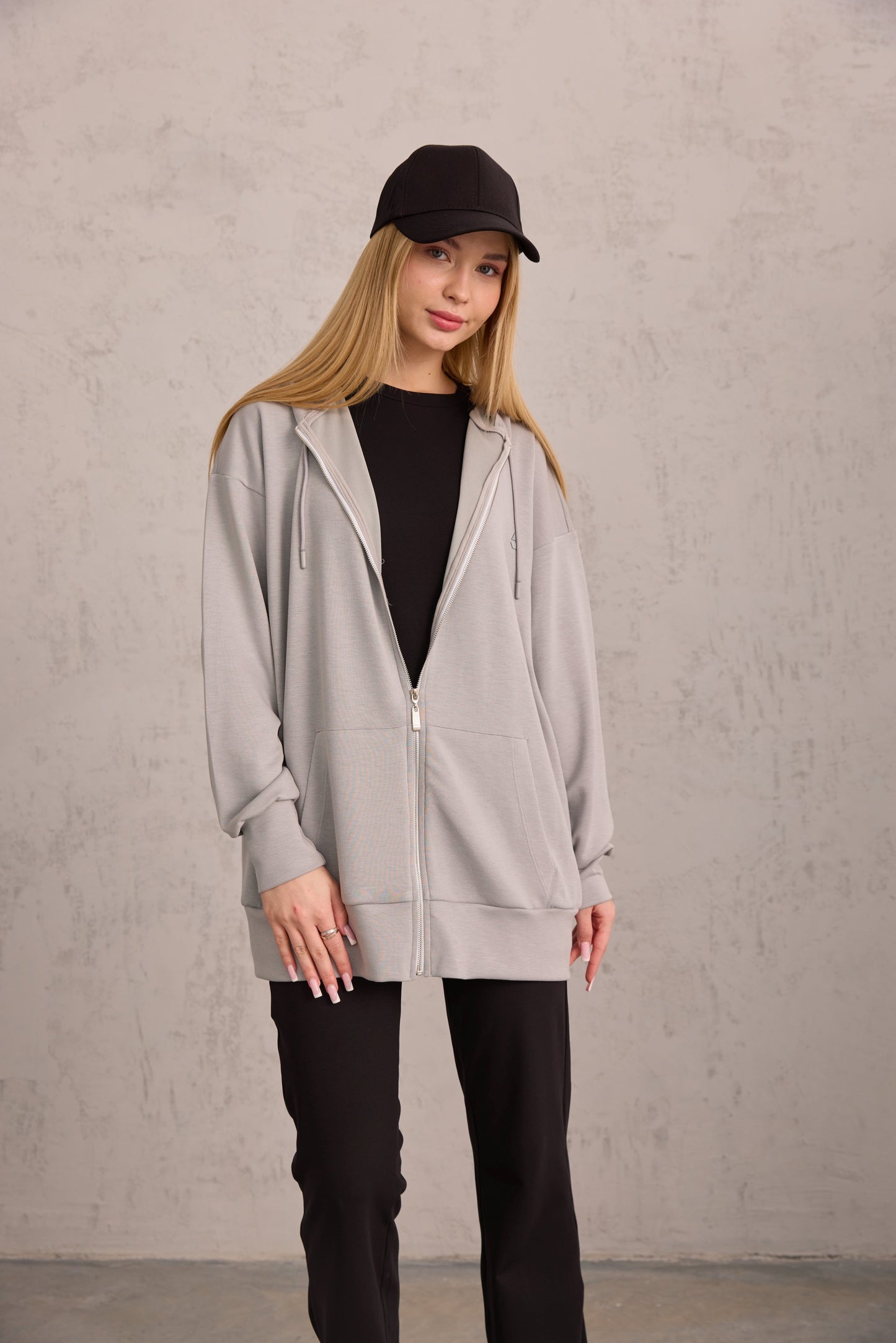 Gri Oversize Kapüşonlu Hırka