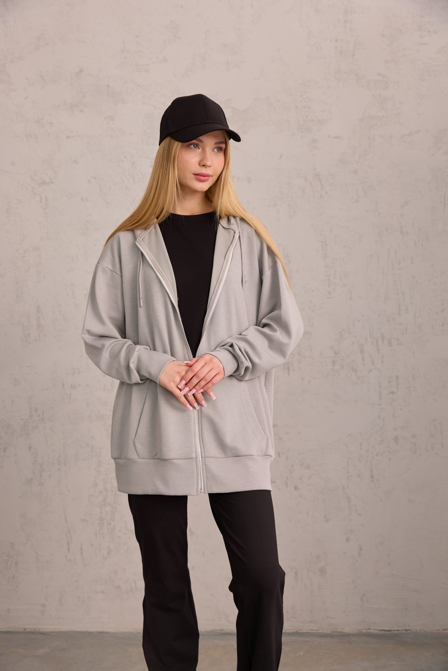 Gri Oversize Kapüşonlu Hırka