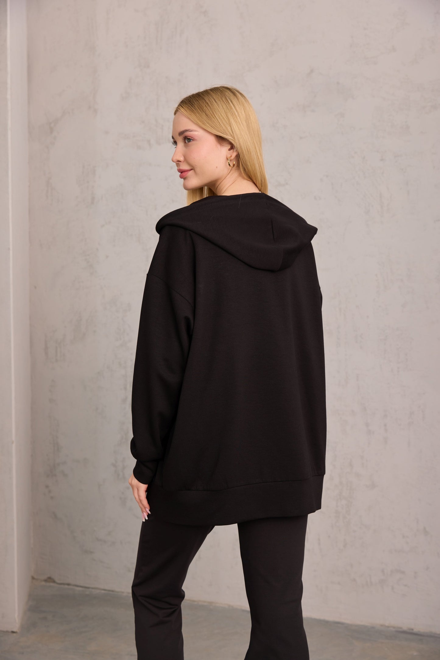 Siyah Oversize Kapüşonlu Hırka