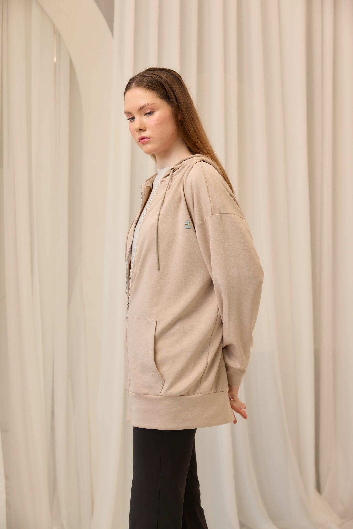 Bej Oversize Kapüşonlu Hırka