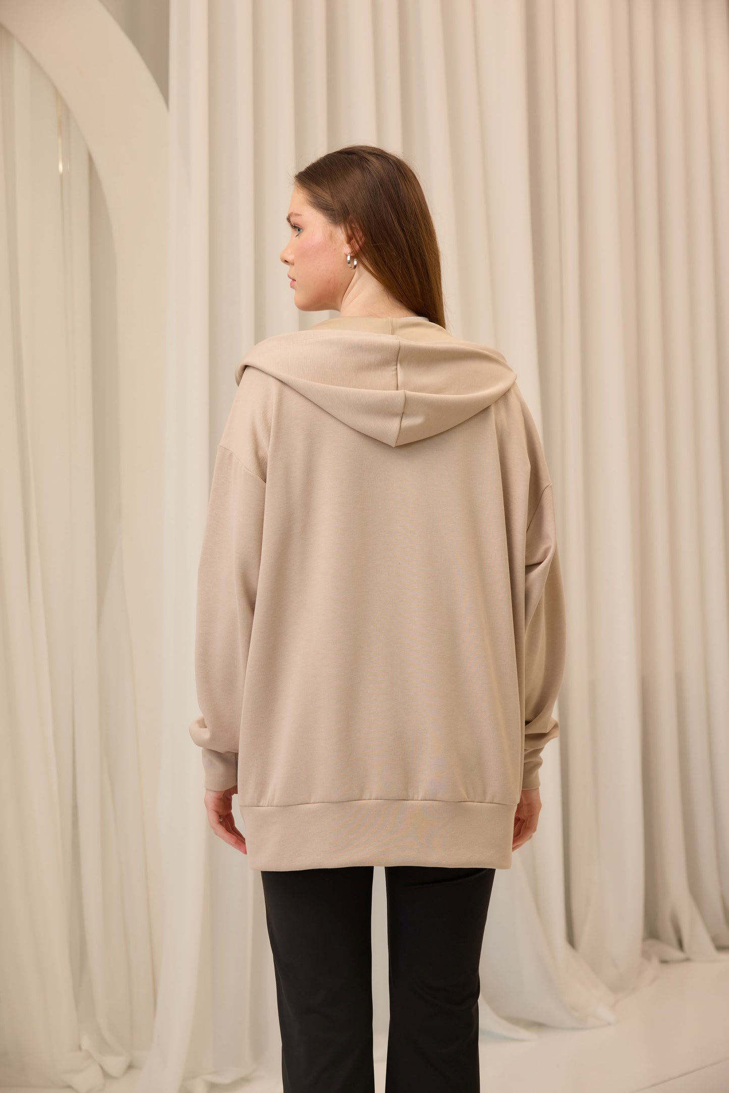 Bej Oversize Kapüşonlu Hırka