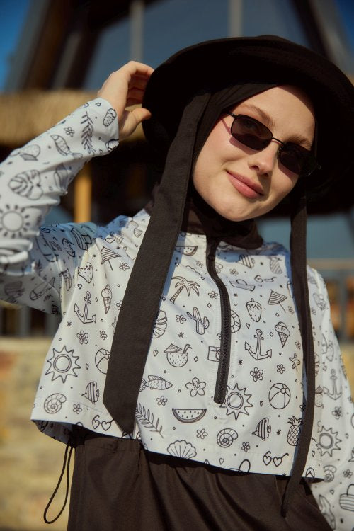 3'lü Tesettür Mayo Takımı Kısa Mini Plaj Desen