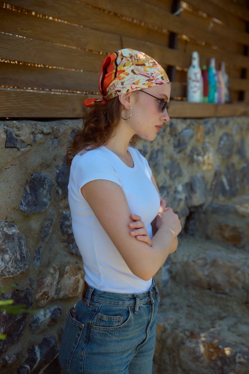 Turuncu Desen Saten Bandana Fular