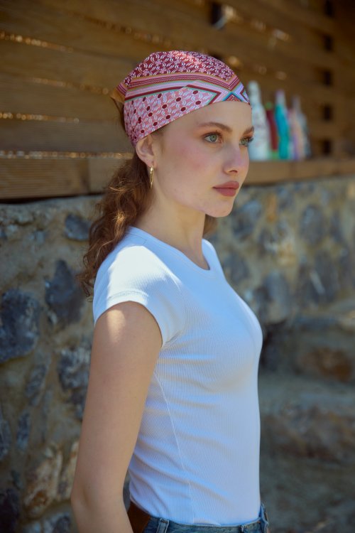 Dört Desenli Saten Bandana Fular