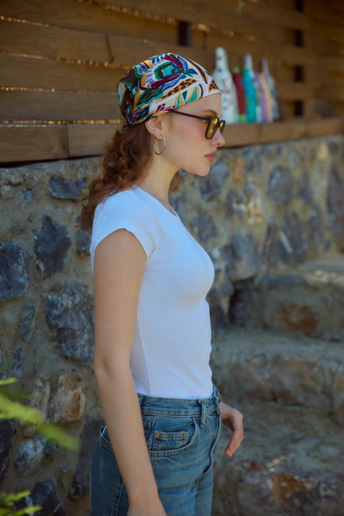 Çiçekli Saten Bandana Fular