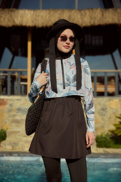 3'lü Tesettür Mayo Takımı Kısa Soft Çiçek Desen