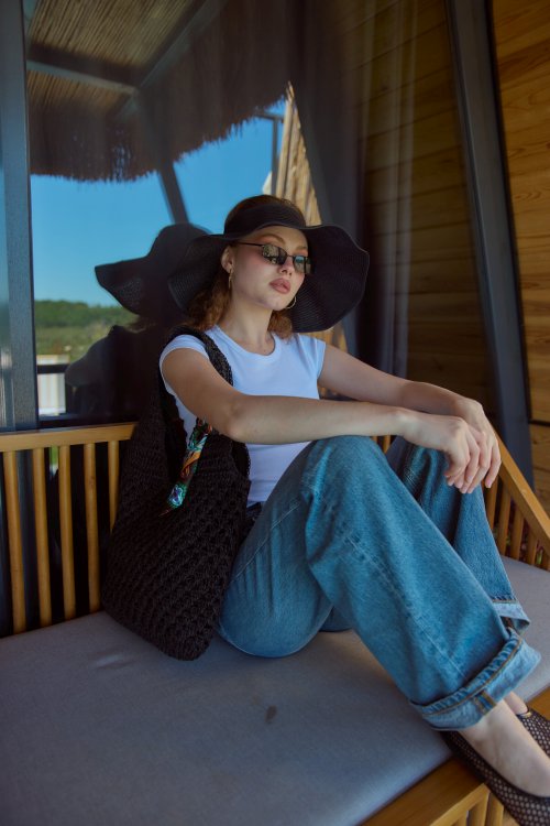 Fiyonklu Katlanabilir Plaj Şapkası Siyah