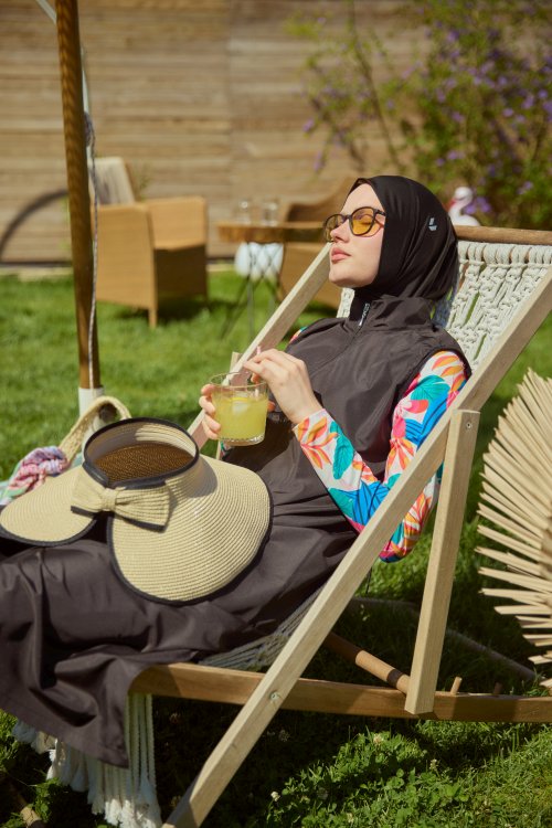 3'lü Tesettür Mayo Takımı Uzun Tropikal Desen